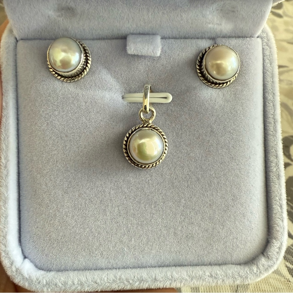 Solid Sterling Silver Pearl Earrings and Pendant set